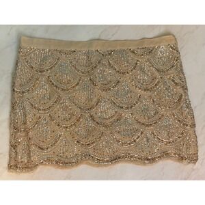 Gudi Champagne Silver Sequin Mini Skirt Scalloped Holiday Party Cocktail Size 14